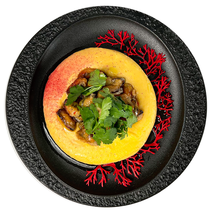 Попкорн из мидий с сырным пюре