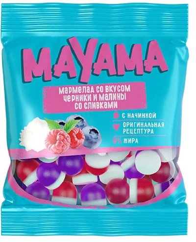 «Mayama», мармелад жевательный с желейной начинкой со вкусом черники и малины со сливками, 70 г
