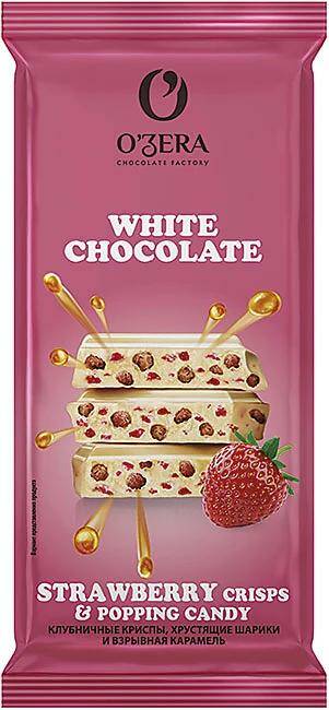 «O'Zera», шоколад белый «С клубничными криспами, хрустящими шариками и взрывной карамелью», 90 г
