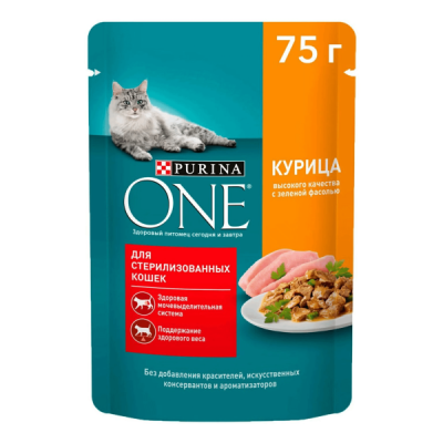 Влажный корм Purina One с курицей и зеленой фасолью для стерилизованных кошек и кастрированных котов 75 г