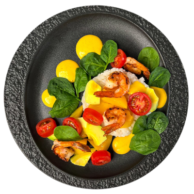 Салат с рисом, персиком и креветками