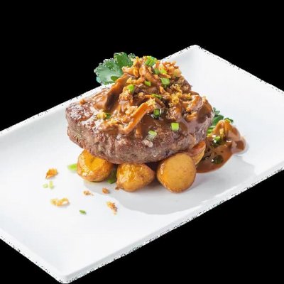 Бифштекс с картофелем, грибами и соусом демиглас